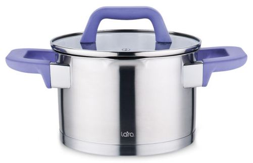 Кастрюля LARA LR02-252 серия ЛАВАНДА (нерж) 2,8л, 18см, индукц. дно,soft touch, стекл. кр, слив.3/6
