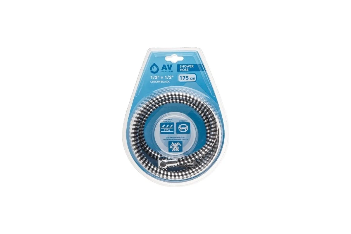 Шланг душевой AV Engineering AVSSS-108 PVC, 1/2" г-г 175 см, хром-черн. Шланг душевой AV Engineering AVSSS-108 PVC, 1/2" г-г 175 см, хром-черн.